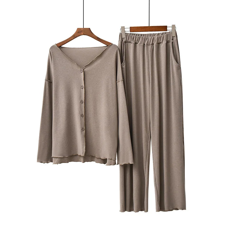 Women’s 2-Piece Knit Pajama Set – V-Neck Button Top & Full-Length Pants