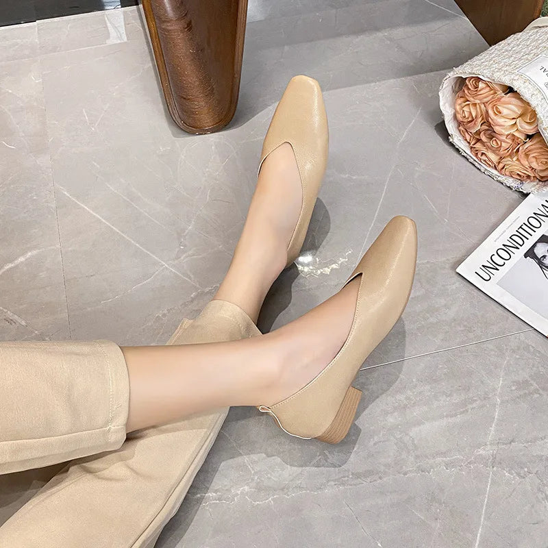 Women’s Soft PU Leather Square Toe Low Heel Pumps – Casual Comfort Shoes