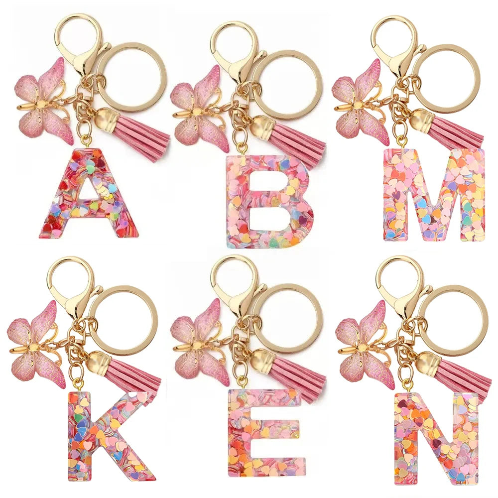 Personalised Resin Letter Keychain – Floral Design with Tassel & Charm