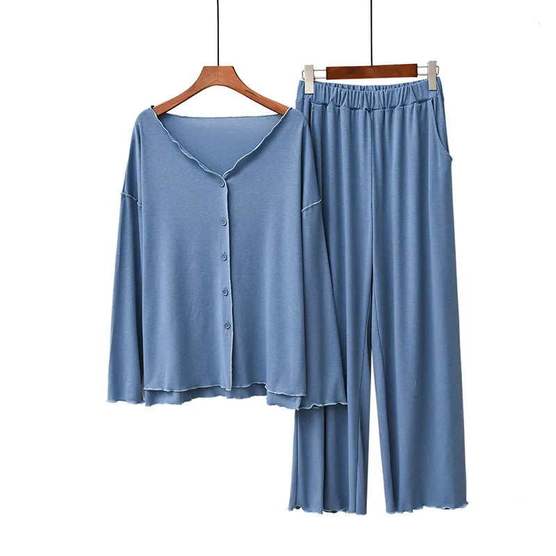 Women’s 2-Piece Knit Pajama Set – V-Neck Button Top & Full-Length Pants