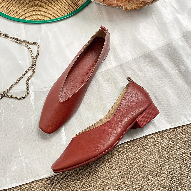 Women’s Soft PU Leather Square Toe Low Heel Pumps – Casual Comfort Shoes
