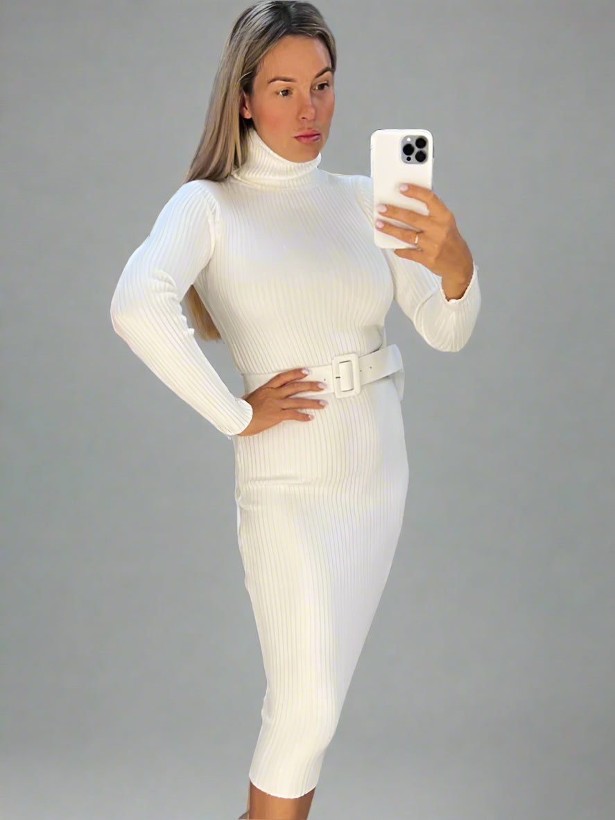 Ribbed Knit Turtleneck Midi Dress with Waist Belt