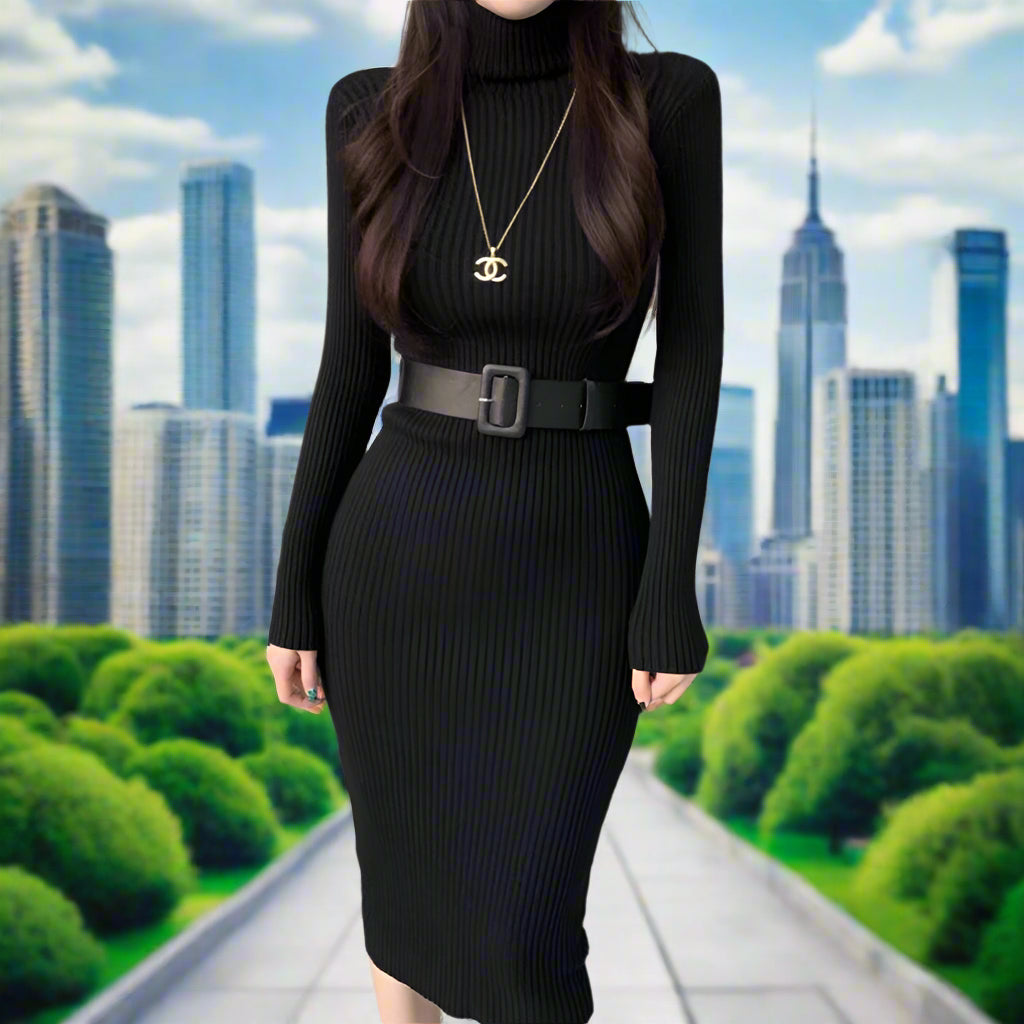 Ribbed Knit Turtleneck Midi Dress with Waist Belt