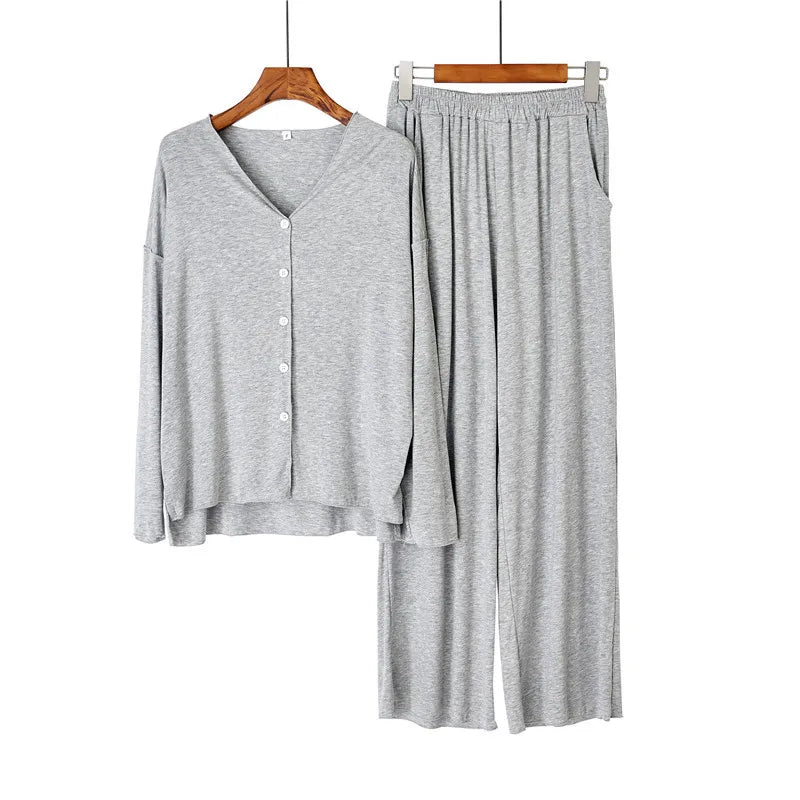 Women’s 2-Piece Knit Pajama Set – V-Neck Button Top & Full-Length Pants