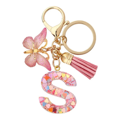 Personalised Resin Letter Keychain – Floral Design with Tassel & Charm