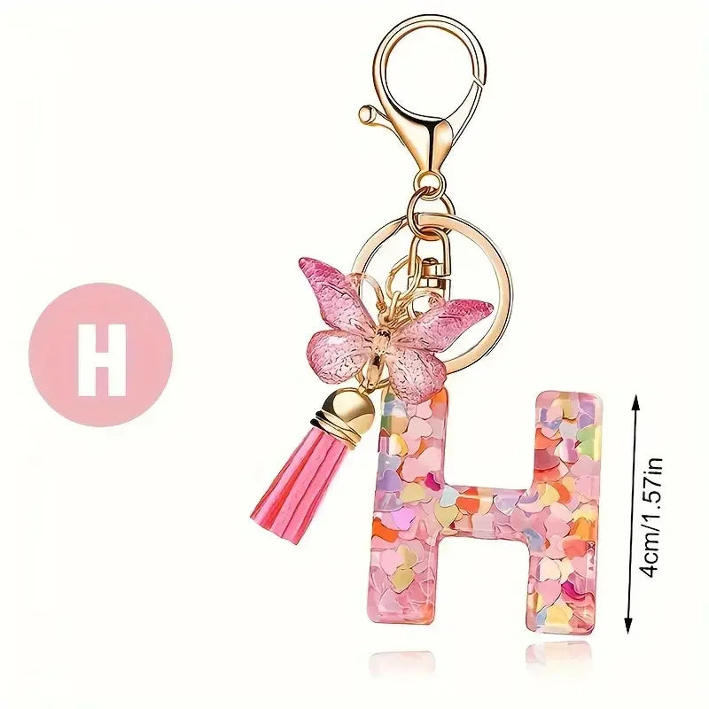 Personalised Resin Letter Keychain – Floral Design with Tassel & Charm