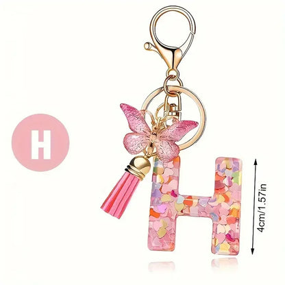 Personalised Resin Letter Keychain – Floral Design with Tassel & Charm