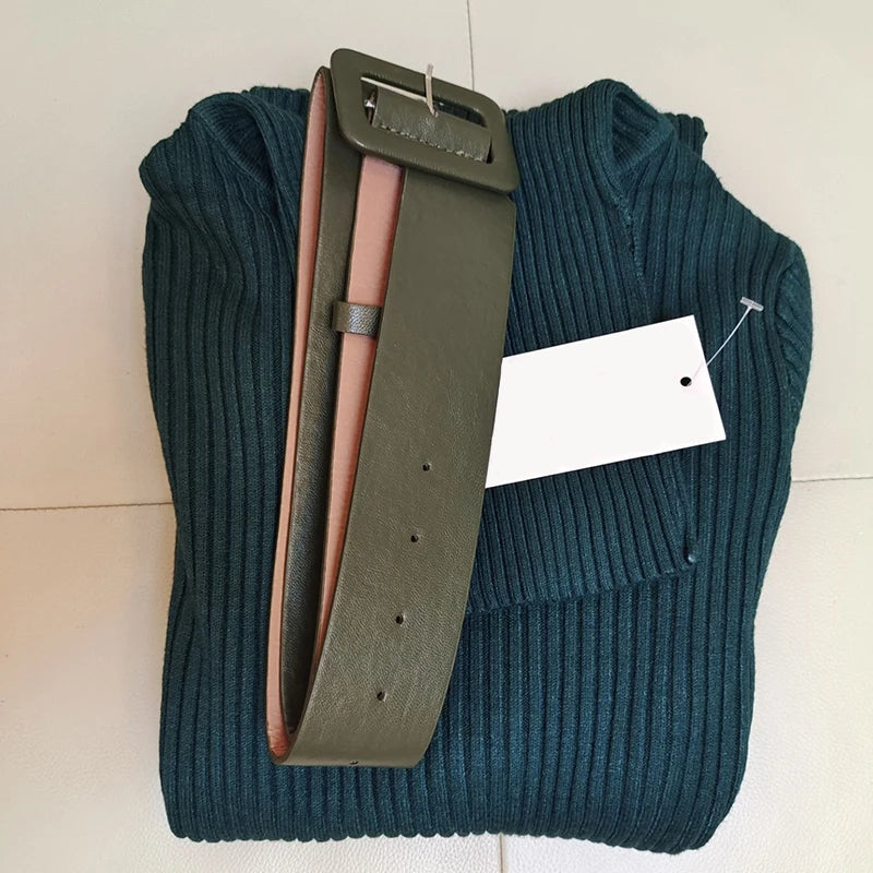 Ribbed Knit Turtleneck Midi Dress with Waist Belt