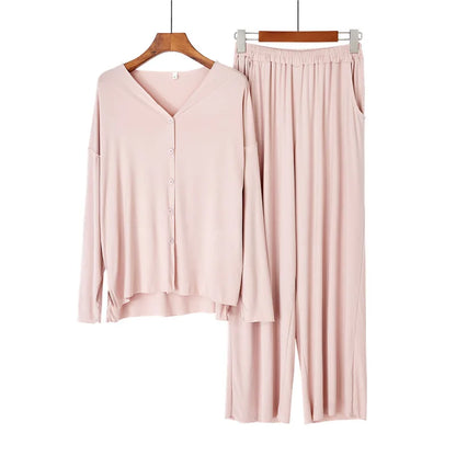 Women’s 2-Piece Knit Pajama Set – V-Neck Button Top & Full-Length Pants