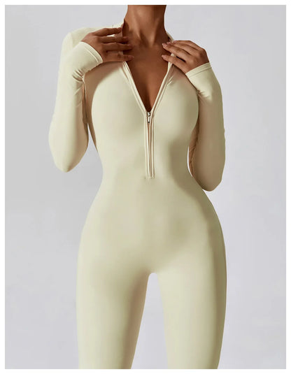Women's Seamless Zip-Front Full-Length Active Jumpsuit – Anti-Pilling, Breathable Yoga Bodysuit