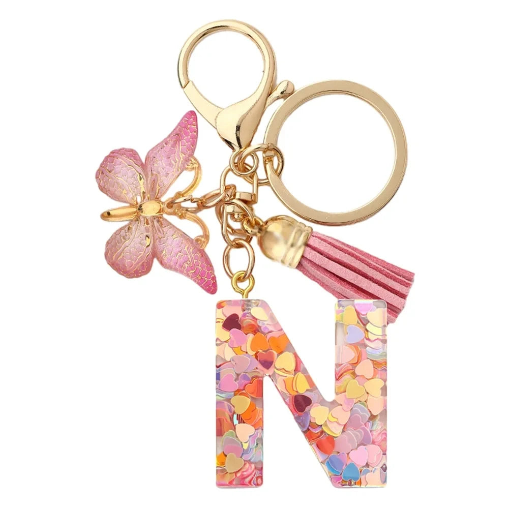 Personalised Resin Letter Keychain – Floral Design with Tassel & Charm