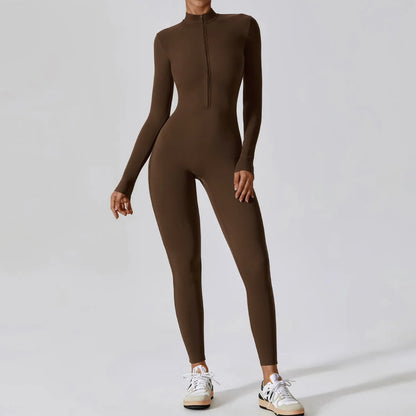 Women's Seamless Zip-Front Full-Length Active Jumpsuit – Anti-Pilling, Breathable Yoga Bodysuit