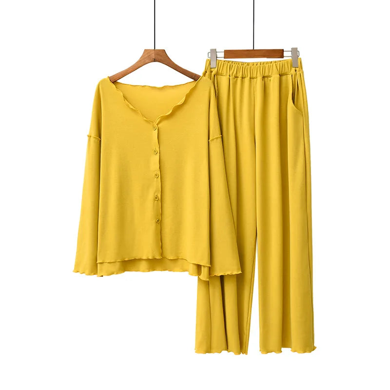 Women’s 2-Piece Knit Pajama Set – V-Neck Button Top & Full-Length Pants