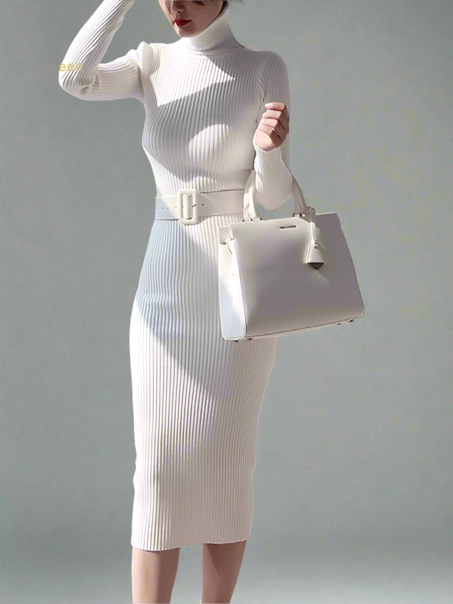 Ribbed Knit Turtleneck Midi Dress with Waist Belt