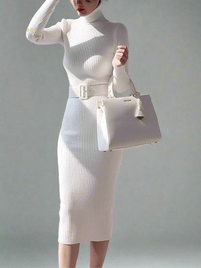 Ribbed Knit Turtleneck Midi Dress with Waist Belt