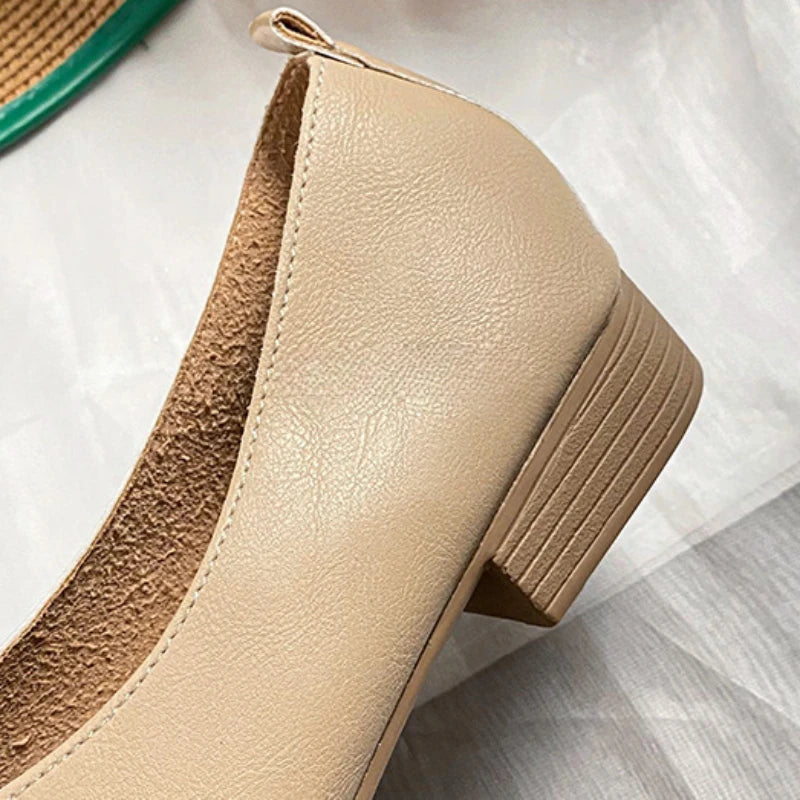 Women’s Soft PU Leather Square Toe Low Heel Pumps – Casual Comfort Shoes