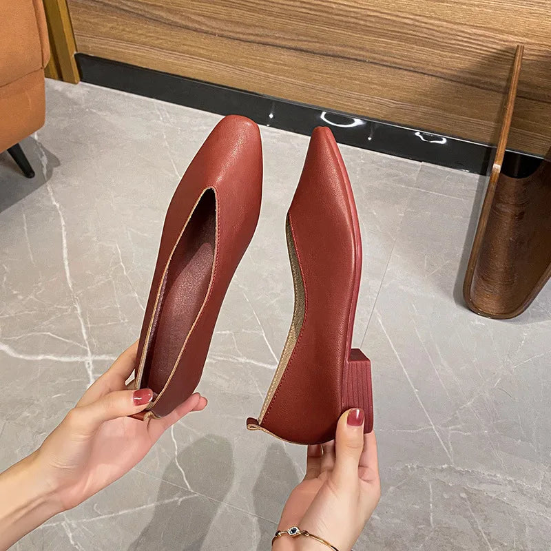 Women’s Soft PU Leather Square Toe Low Heel Pumps – Casual Comfort Shoes