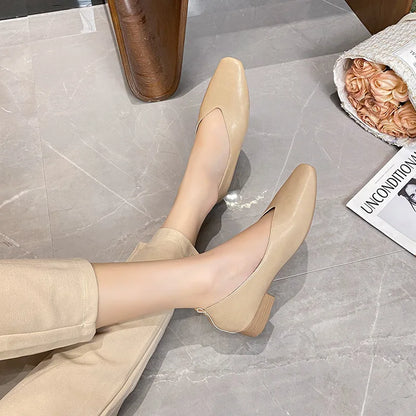 Women’s Soft PU Leather Square Toe Low Heel Pumps – Casual Comfort Shoes