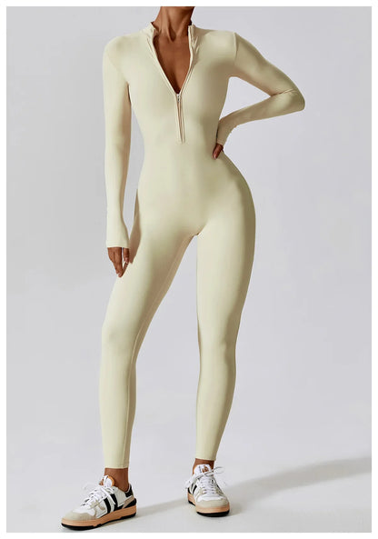 Women's Seamless Zip-Front Full-Length Active Jumpsuit – Anti-Pilling, Breathable Yoga Bodysuit