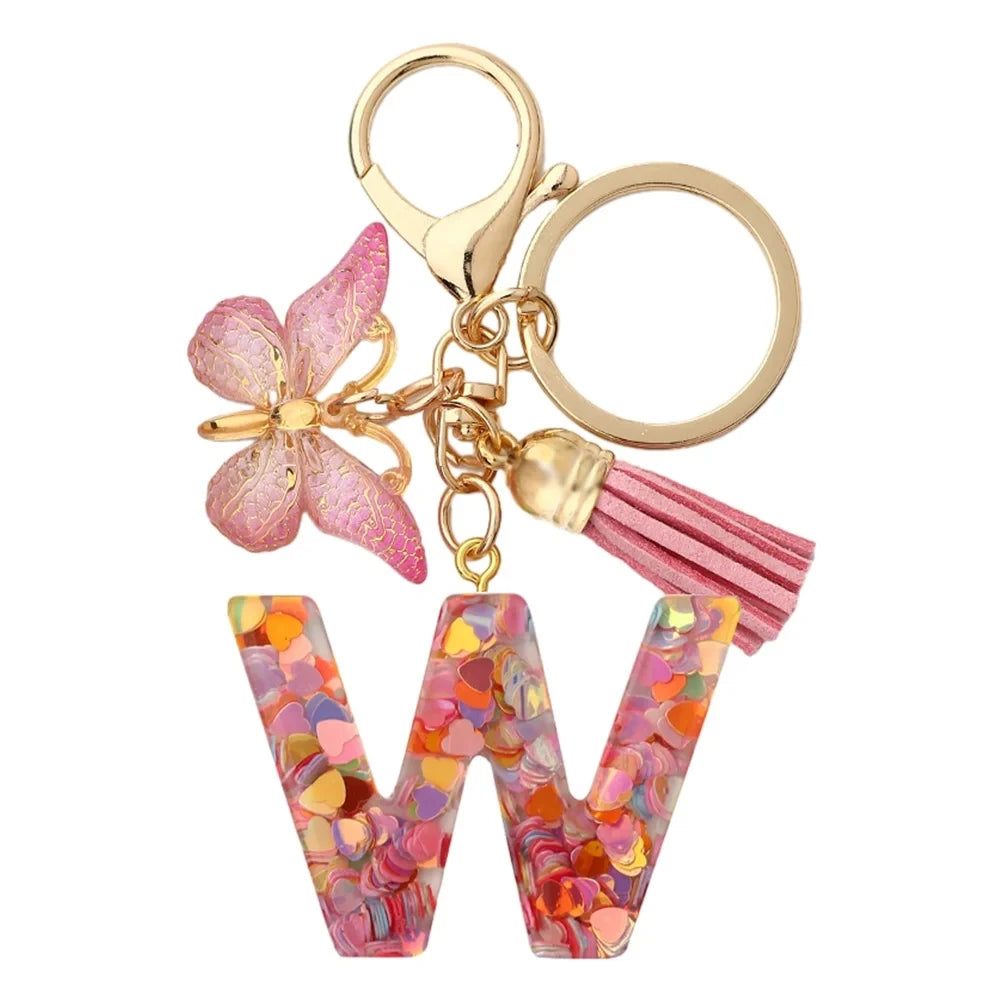 Personalised Resin Letter Keychain – Floral Design with Tassel & Charm