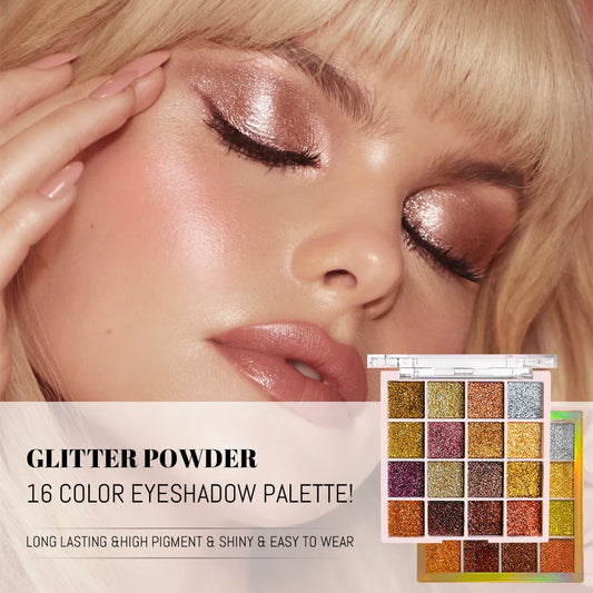 16-Colour Glitter Eyeshadow Palette – Waterproof & Long-Lasting Glam