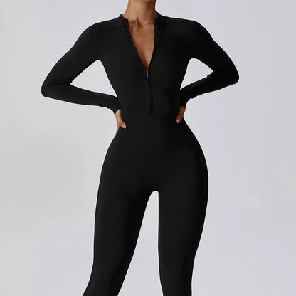 Women's Seamless Zip-Front Full-Length Active Jumpsuit – Anti-Pilling, Breathable Yoga Bodysuit