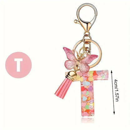 Personalised Resin Letter Keychain – Floral Design with Tassel & Charm