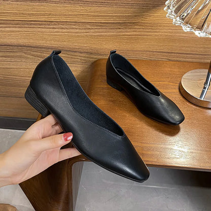 Women’s Soft PU Leather Square Toe Low Heel Pumps – Casual Comfort Shoes