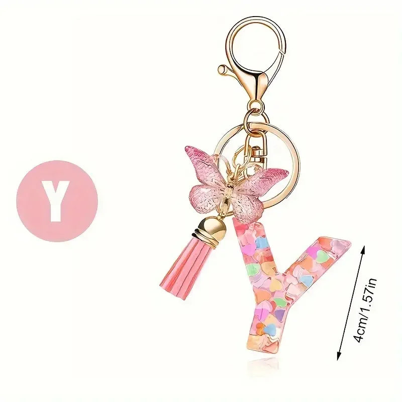 Personalised Resin Letter Keychain – Floral Design with Tassel & Charm