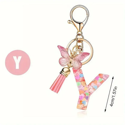 Personalised Resin Letter Keychain – Floral Design with Tassel & Charm