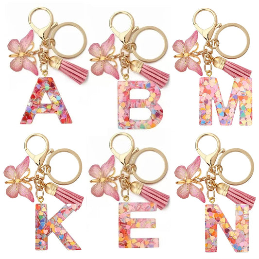 Personalised Resin Letter Keychain – Floral Design with Tassel & Charm