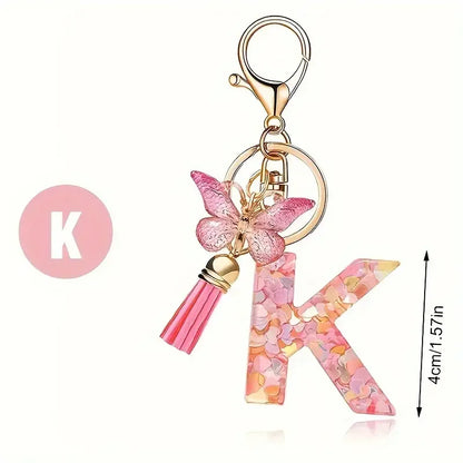 Personalised Resin Letter Keychain – Floral Design with Tassel & Charm