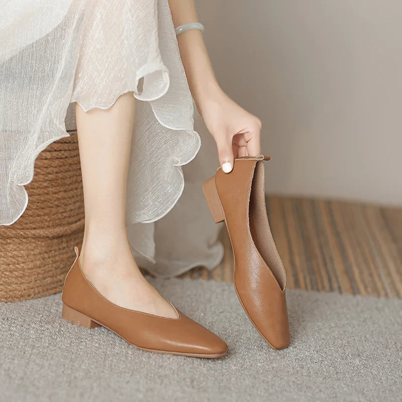 Women’s Soft PU Leather Square Toe Low Heel Pumps – Casual Comfort Shoes