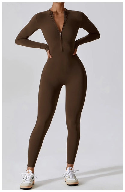 Women's Seamless Zip-Front Full-Length Active Jumpsuit – Anti-Pilling, Breathable Yoga Bodysuit