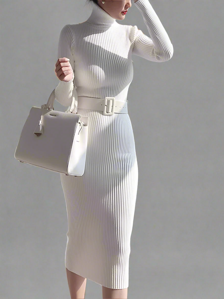 Ribbed Knit Turtleneck Midi Dress with Waist Belt