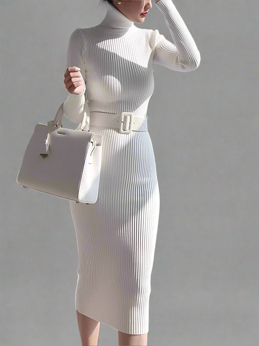 Ribbed Knit Turtleneck Midi Dress with Waist Belt