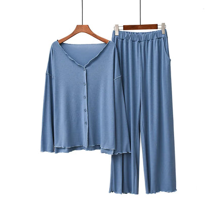 Women’s 2-Piece Knit Pajama Set – V-Neck Button Top & Full-Length Pants