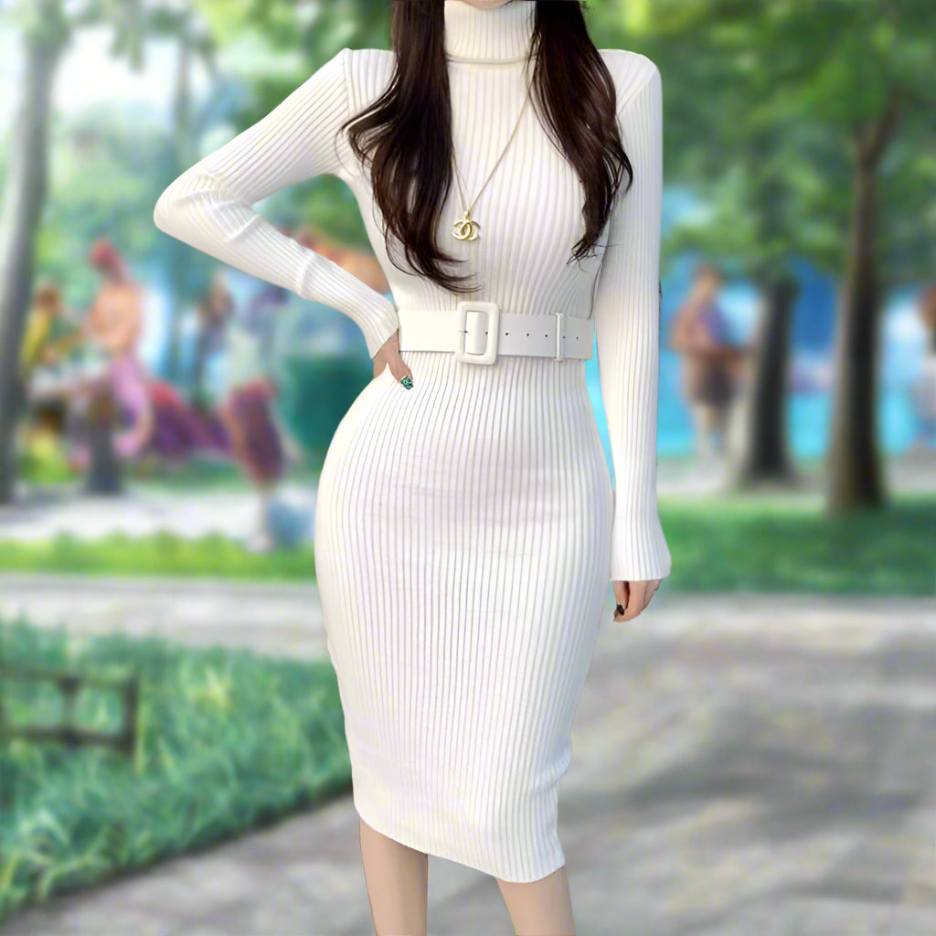 Ribbed Knit Turtleneck Midi Dress with Waist Belt