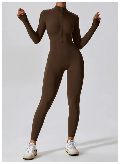 Women's Seamless Zip-Front Full-Length Active Jumpsuit – Anti-Pilling, Breathable Yoga Bodysuit