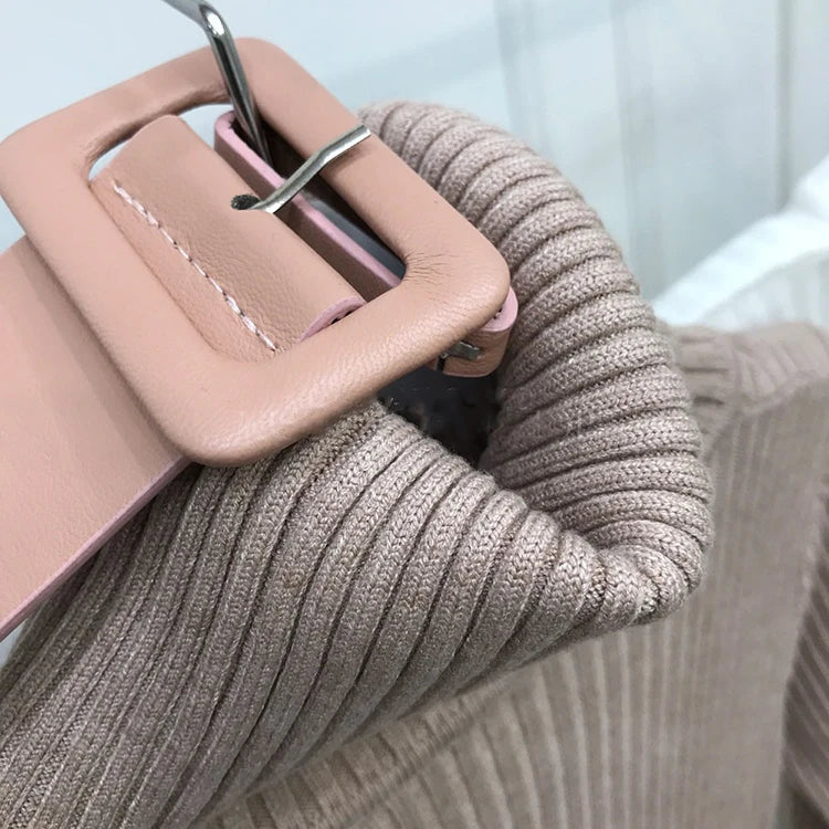 Ribbed Knit Turtleneck Midi Dress with Waist Belt