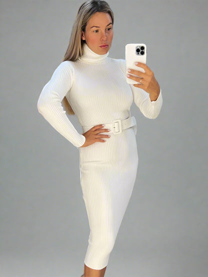 Ribbed Knit Turtleneck Midi Dress with Waist Belt