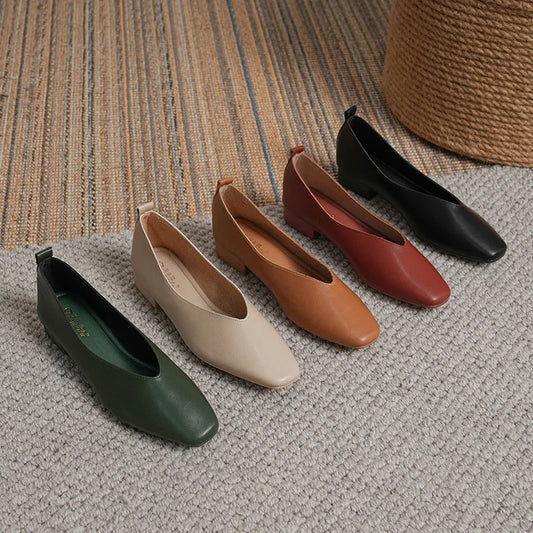 Women’s Soft PU Leather Square Toe Low Heel Pumps – Casual Comfort Shoes