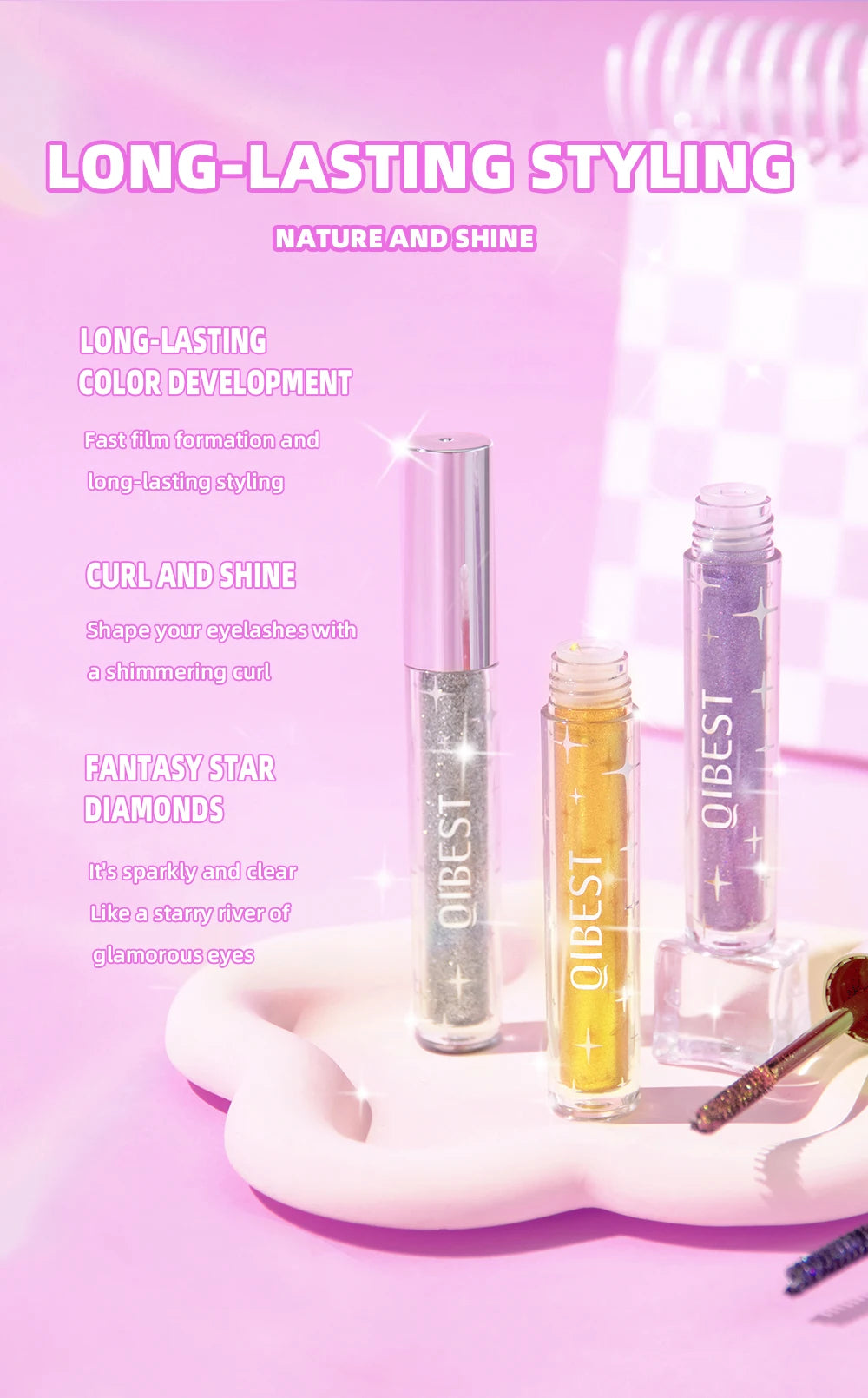 QiBest Glitter Mascara – 4D Silk Fiber Eyelash Lengthening, Curling & Waterproof Mascara