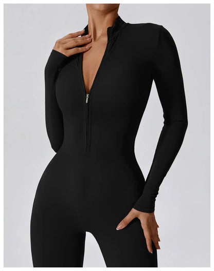 Women's Seamless Zip-Front Full-Length Active Jumpsuit – Anti-Pilling, Breathable Yoga Bodysuit