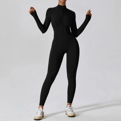 Women's Seamless Zip-Front Full-Length Active Jumpsuit – Anti-Pilling, Breathable Yoga Bodysuit