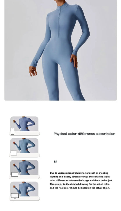 Women's Seamless Zip-Front Full-Length Active Jumpsuit – Anti-Pilling, Breathable Yoga Bodysuit