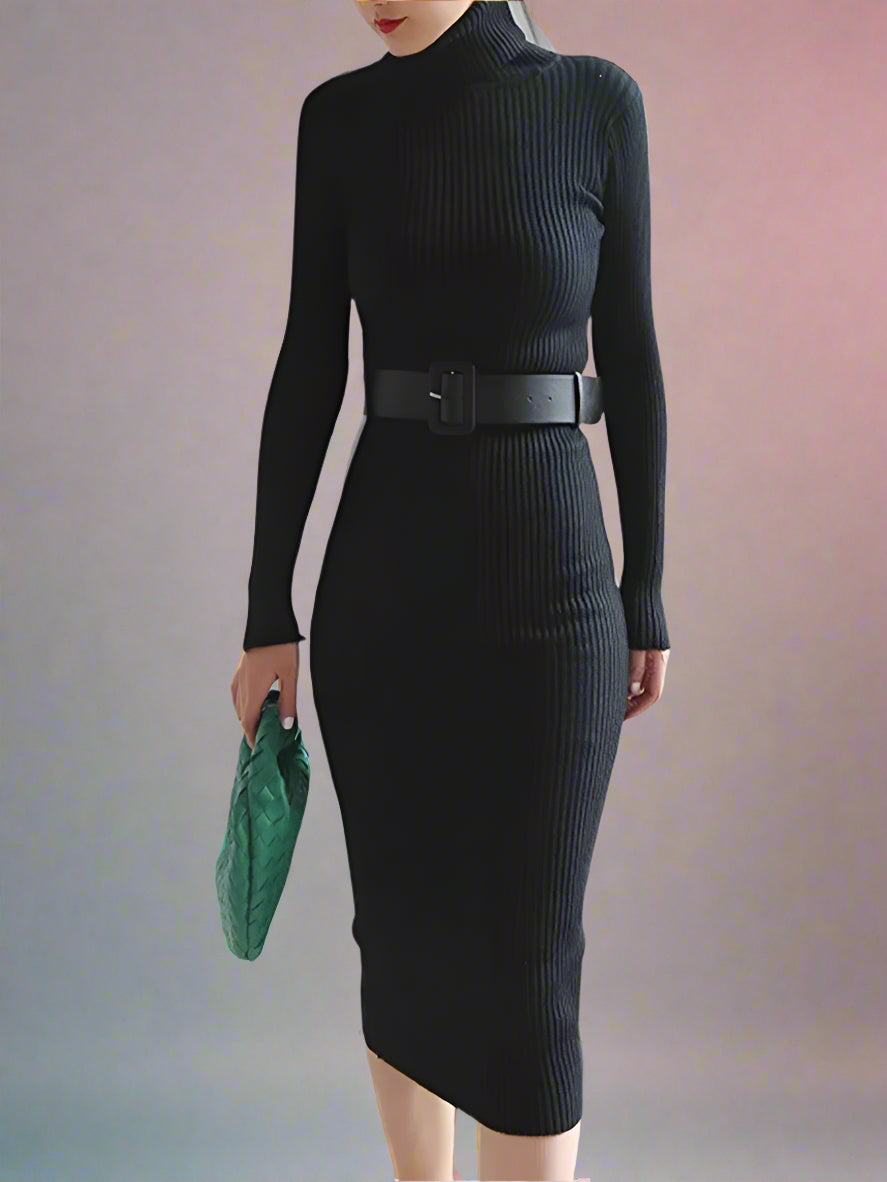 Ribbed Knit Turtleneck Midi Dress with Waist Belt