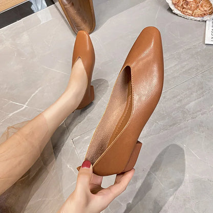 Women’s Soft PU Leather Square Toe Low Heel Pumps – Casual Comfort Shoes