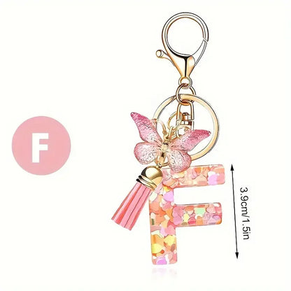Personalised Resin Letter Keychain – Floral Design with Tassel & Charm