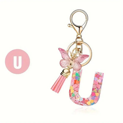 Personalised Resin Letter Keychain – Floral Design with Tassel & Charm